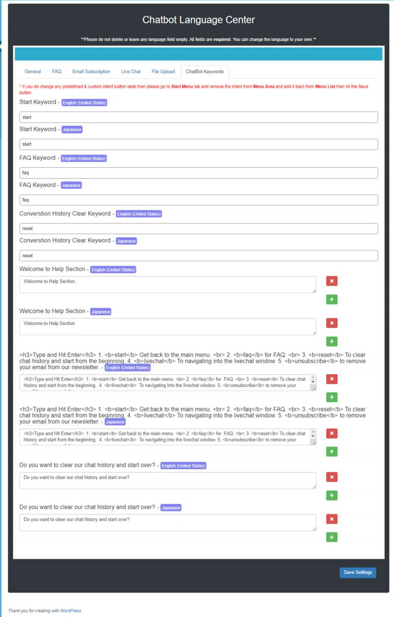 ChatBot Keywords