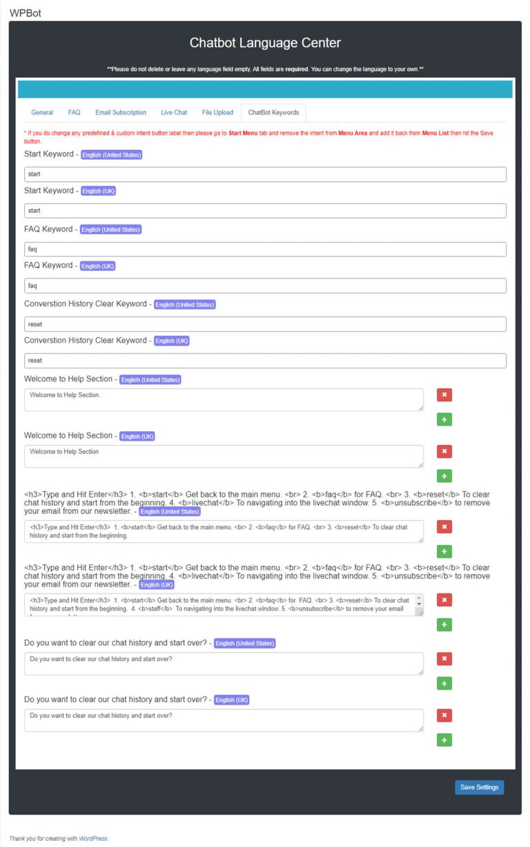 Chatbot Keywords