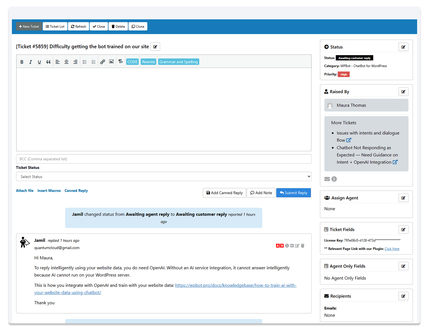 AI powered WordPress Support ticket plugin